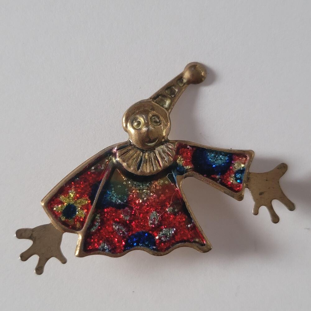Multicolor Enamel Clown Brooch Gold Tone Jester Pin Costume Jewelry Circus